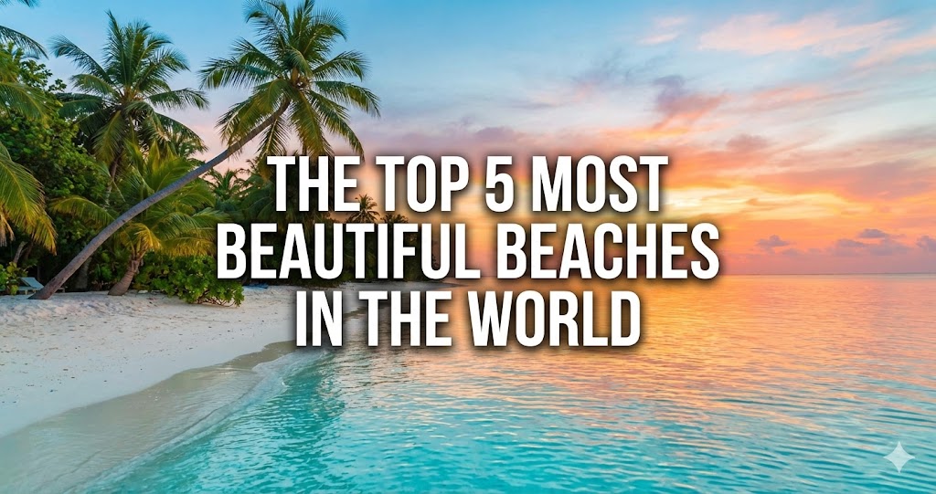 A featured image for a blog post titled "THE TOP 5 MOST BEAUTIFUL BEACHES IN THE WORLD," showcasing a tropical beach at sunset with palm trees lining the white sand, turquoise ocean water, and a colorful orange and pink sky.