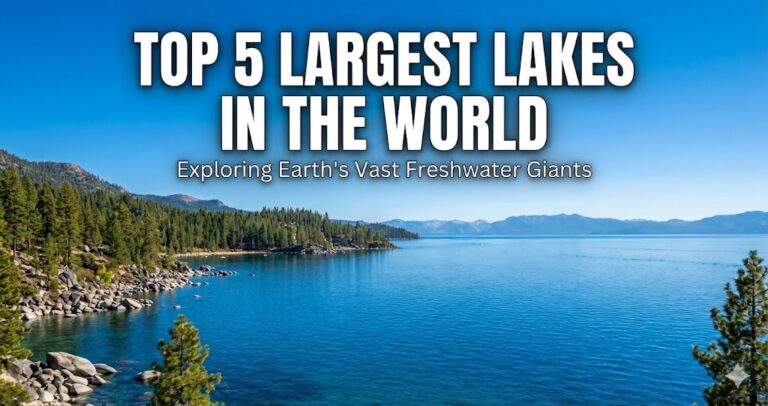 Alt Text: A blog feature image with a large white title "TOP 5 LARGEST LAKES IN THE WORLD" and subtitle "Exploring Earth's Vast Freshwater Giants" overlaid on a scenic photograph of a wide, blue lake surrounded by pine forests, rocky shores, and distant mountains under a clear blue sky.