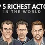 Cartoon illustration showing portraits of five male actors—Tom Cruise, Mel Gibson, Robert Downey Jr., Leonardo DiCaprio, and Sylvester Stallone—lined up in suits. Bold text above them reads "TOP 5 RICHEST ACTORS IN THE WORLD".