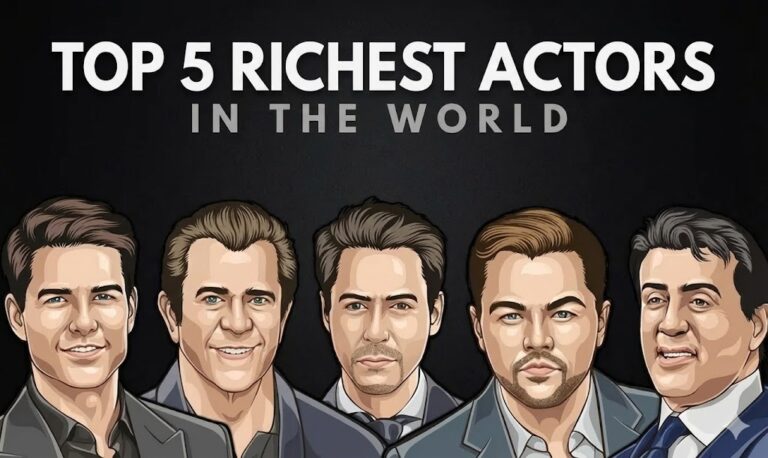 Cartoon illustration showing portraits of five male actors—Tom Cruise, Mel Gibson, Robert Downey Jr., Leonardo DiCaprio, and Sylvester Stallone—lined up in suits. Bold text above them reads "TOP 5 RICHEST ACTORS IN THE WORLD".