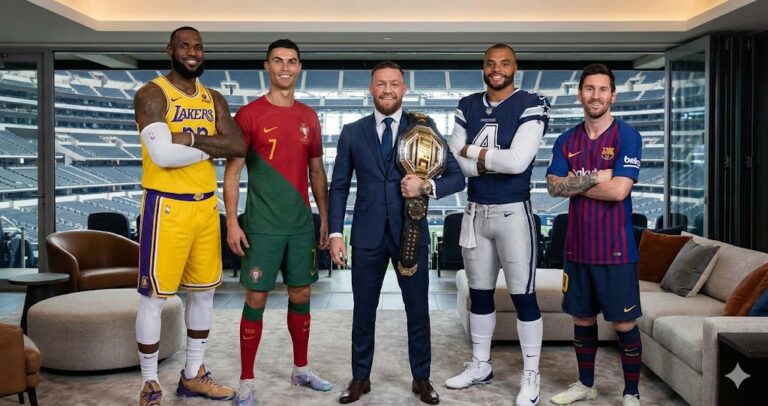 A group photograph featuring the top five richest athletes: LeBron James in a Lakers uniform, Cristiano Ronaldo in a Portugal kit, Conor McGregor in a suit holding a UFC belt, Dak Prescott in a Cowboys uniform, and Lionel Messi in a Barcelona kit, all standing together inside a luxury suite overlooking an empty stadium.