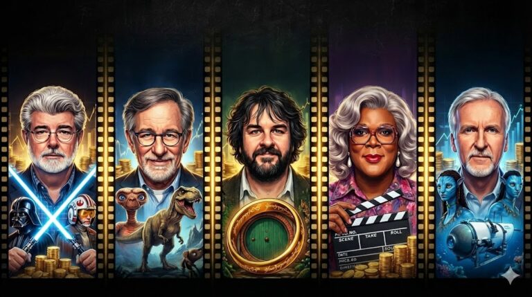 A stylized illustration featuring portraits of five wealthy film directors George Lucas, Steven Spielberg, Peter Jackson, Tyler Perry as Madea, and James Cameron each separated by film strips and surrounded by gold coins and iconic characters from their movies.
