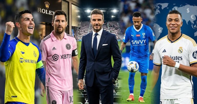 A collage featured image for the blog post "Top 5 Richest Football Players in the World 2026," showing Cristiano Ronaldo, Lionel Messi, David Beckham, Neymar Jr., and Kylian Mbappé in various football kits and business attire against a background of luxury brands and currency symbols.