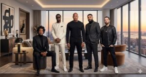 A group portrait of the top five richest rappers in the world—Jay-Z, Sean "Diddy" Combs, Dr. Dre, Drake, and Eminem—posing together in a luxury penthouse suite overlooking a city skyline at sunset.