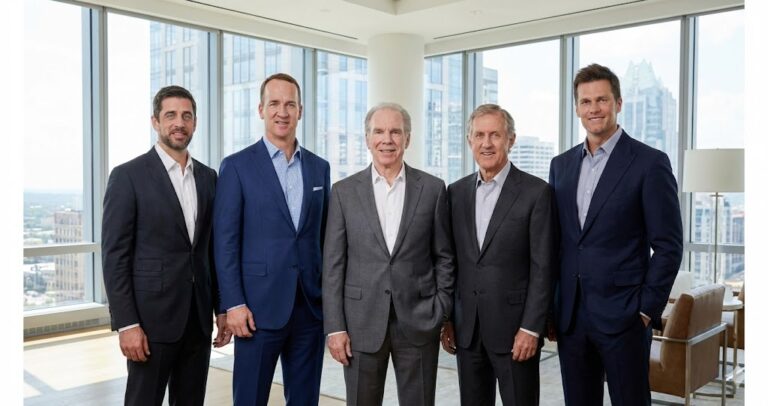 A featured image collage displaying the Top 5 Richest NFL Players in the World 2026. The image features Roger Staubach in a suit, Tom Brady smiling at an event, Fran Tarkenton speaking, Peyton Manning on a TV broadcast, and Aaron Rodgers in uniform on the field.