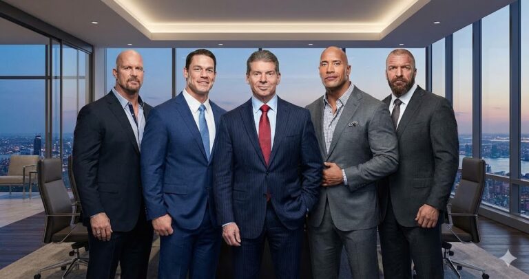 A featured image collage displaying the Top 5 Richest Wrestlers in the World 2026. The image includes Vince McMahon in a suit, Dwayne "The Rock" Johnson smiling, Triple H doing his entrance pose, John Cena performing his "You Can't See Me" gesture, and Stone Cold Steve Austin holding a microphone.