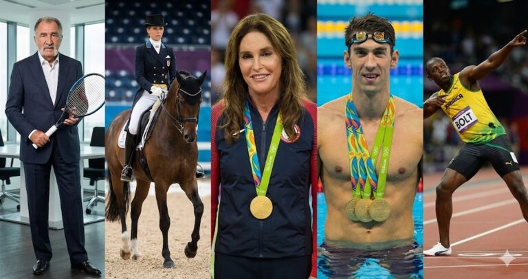 A collage featured image showing five of the richest Olympians featured in the blog post. From left to right: Ion Tiriac posing in a business suit with a tennis racket, Anna Kasprzak riding a horse in dressage gear, Caitlyn Jenner smiling with a gold medal, Michael Phelps in a swimming pool wearing multiple gold medals, and Usain Bolt performing his signature pose on an athletic track.