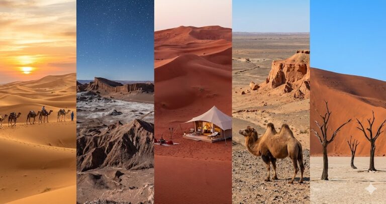 A five-panel photographic collage showcasing diverse landscapes of the Sahara, Atacama, Arabian, Gobi, and Namib regions, illustrating the **Top 5 Deserts in the World**.