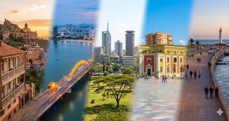 A horizontal collage of five travel destinations, featuring (from left to right) the old town of Tbilisi, Georgia; the Dragon Bridge in Da Nang, Vietnam; the cityscape of Nairobi, Kenya; Skanderbeg Square in Tirana, Albania; and the coastal promenade of Montevideo, Uruguay.