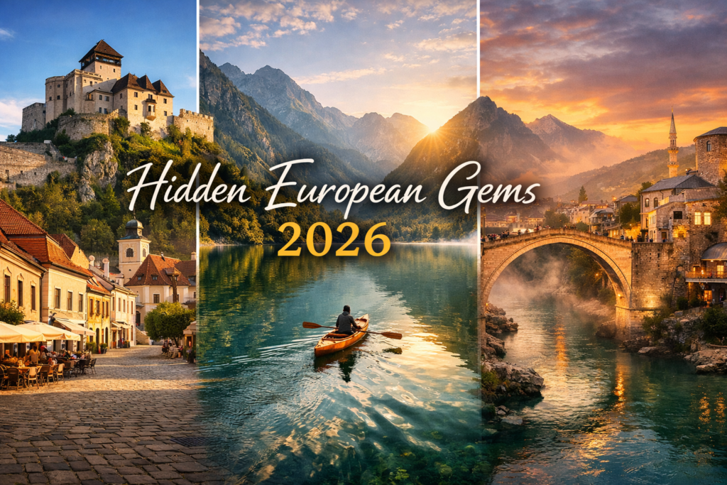 A cinematic collage of hidden European gems for 2026 featuring the medieval Trenčín Castle in Slovakia, the serene turquoise waters of Lake Bohinj in the Slovenian Alps, and the historic stone Stari Most bridge in Mostar at sunset.
