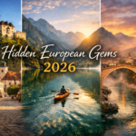 A cinematic collage of hidden European gems for 2026 featuring the medieval Trenčín Castle in Slovakia, the serene turquoise waters of Lake Bohinj in the Slovenian Alps, and the historic stone Stari Most bridge in Mostar at sunset.