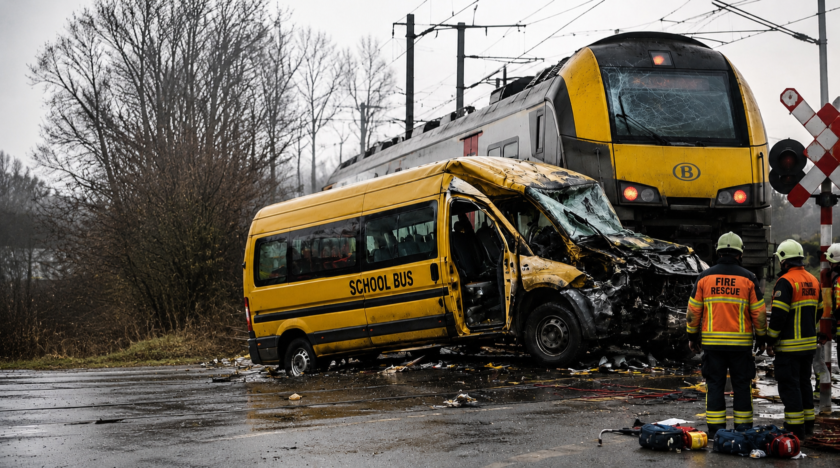 A damaged yellow school bus sits on a railway crossing after a collision with a passenger train in rainy weather, while emergency responders inspect the crash site surrounded by debris and overhead train lines.