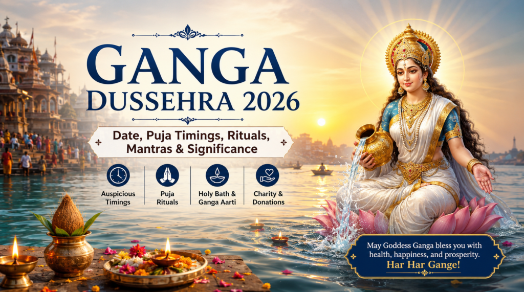 **Alt Text:** Illustration of Goddess Ganga during Ganga Dussehra 2026 with sacred river, diyas, temple ghats, puja offerings, and festival details including puja timings, rituals, mantras, and spiritual significance.