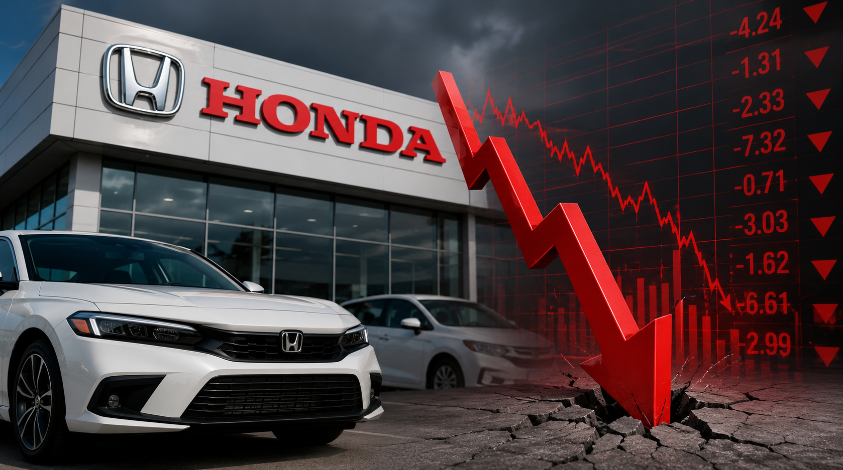 Honda dealership with white Honda cars parked outside and a large red downward stock market arrow symbolizing the company’s financial losses, slowing EV demand, and economic challenges.