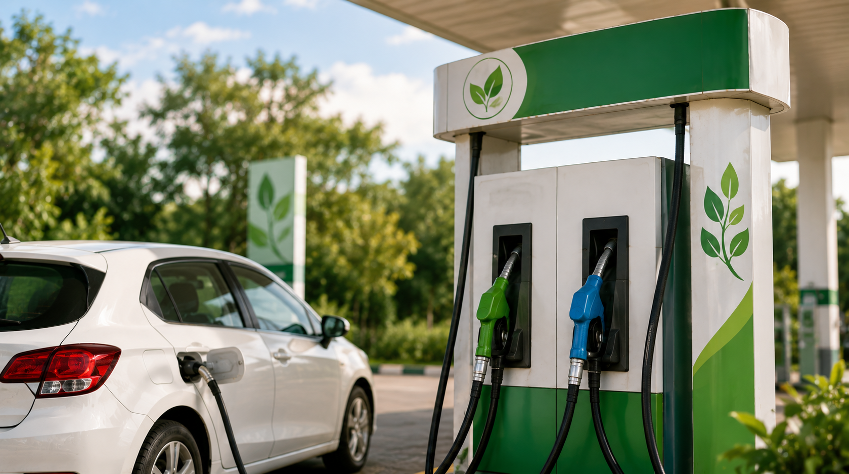 Eco-friendly fuel station with a white car refueling at a modern green ethanol fuel pump surrounded by trees and clean energy-themed design.