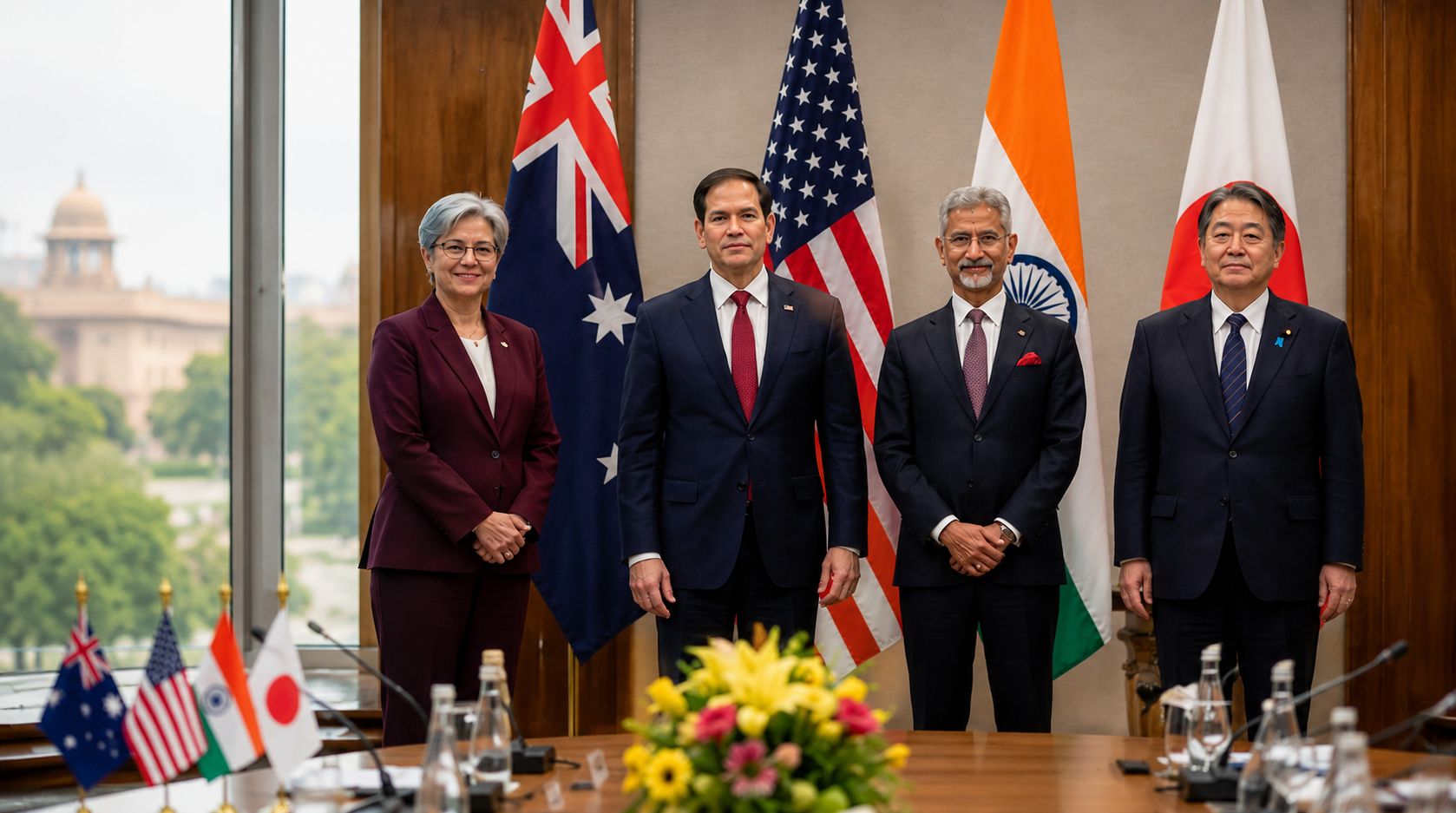 Quad nations leaders from the US, India, Japan, and Australia standing together during a high-level Indo-Pacific strategic partnership meeting focused on maritime security, critical minerals, and regional cooperation.
